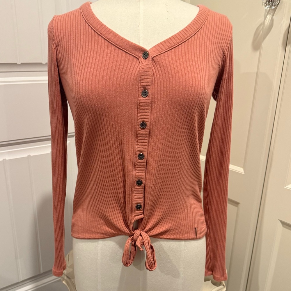 Hollister Sz Small Dark (Rose) Pink Ribbed Long Sleeve V-Neck Top, Knotted Waist